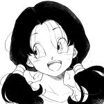  1girl :d black_hair close-up commentary_request dragon_ball dragonball_z eyelashes face happy highres looking_away monochrome open_mouth shirt simple_background smile solo_focus sweatdrop tkgsize twintails upper_body videl white_background white_shirt 