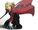  1boy antenna_hair blonde_hair boots braid coat edward_elric fighting_stance full_body fullmetal_alchemist gloves graphite_(medium) highres kneeling lance looking_away male_focus polearm red_coat serious shaded_face shadow simple_background traditional_media weapon white_background yellow_eyes 