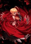  1girl ahoge artist_name black_background blonde_hair braid butt_crack chyffon closed_mouth epaulettes fate/extra fate_(series) french_braid from_above from_behind green_eyes highres long_sleeves nero_claudius_(fate) nero_claudius_(fate)_(all) petals revision short_hair simple_background solo 
