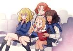  4girls :t andou_(girls_und_panzer) arm_grab azumi_(girls_und_panzer) bangs bc_freedom_school_uniform black_hair black_jacket black_legwear black_skirt black_vest blonde_hair blue_eyes blue_neckwear blue_sweater brown_eyes brown_hair cardigan commentary cup dark_skin diagonal_stripes disposable_cup dress_shirt drill_hair drinking drinking_straw eyebrows_visible_through_hair food girls_und_panzer green_eyes hand_on_own_chin holding indoors jacket kneehighs long_hair long_sleeves looking_to_the_side marie_(girls_und_panzer) medium_hair messy_hair miniskirt movie_theater multiple_girls necktie open_mouth oshida_(girls_und_panzer) parted_bangs pleated_skirt popcorn red_neckwear school_uniform seat selection_university_military_uniform shirt shutou_mq sitting skirt smile striped striped_neckwear surprised sweater sweater_around_neck vest white_shirt wing_collar 