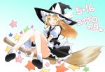  1girl ;d blonde_hair blush bow broom broom_riding commentary convenient_leg hat hat_bow ichimura_kanata kirisame_marisa long_hair one_eye_closed open_mouth puffy_short_sleeves puffy_sleeves shoes short_sleeves skirt skirt_set smile socks solo star touhou turtleneck vest witch_hat yellow_eyes 
