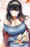  1girl bangs bare_shoulders black_hair blue_eyes blue_sweater book breasts collarbone eyebrows_visible_through_hair gijang hair_between_eyes hairband idolmaster idolmaster_cinderella_girls jewelry large_breasts leaf long_hair looking_at_viewer necklace off-shoulder_sweater open_book parted_lips pendant plaid ribbed_sweater sagisawa_fumika shawl solo sweater 