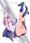 1girl akanagi_youto arm_up azur_lane blue_eyes breasts cannon character_name commentary_request crown gloves hair_ornament hairclip highres hips javelin javelin_(azur_lane) legs_up looking_at_viewer namesake panties purple_hair simple_background single_glove solo torpedo_tubes underwear weapon 
