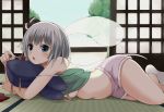  1girl alternate_costume bare_legs bare_shoulders blue_eyes blush breasts commentary_request day eating hair_ribbon highres indoors konpaku_youmu konpaku_youmu_(ghost) looking_at_viewer lying medium_breasts navel no_bra on_pillow on_side on_stomach open_mouth ribbon short_hair short_shorts shorts silver_hair solo spaghetti_strap stomach strap_slip tank_top tank_top_lift tatami techi_(techi35499) touhou under_boob 
