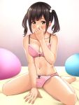  1girl bangs barefoot black_hair blush bow bow_bra bow_panties bra breasts brown_eyes cleavage collarbone commentary_request covering_mouth cushion gradient gradient_background highres long_hair looking_at_viewer medium_breasts navel original panties pink_bra pink_panties sitting solo takocha twintails underwear underwear_only wariza 