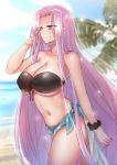  1girl bandeau bangs bare_shoulders beach bikini black_bikini breasts cleavage clouds collarbone eyebrows_visible_through_hair fate/stay_night fate_(series) front-tie_top hand_in_hair highres horizon huge_breasts large_breasts lavender_eyes lavender_hair long_hair moonjunk navel ocean palm_tree parted_bangs rider sarong scrunchie shiny shiny_hair sky smile solo standing swimsuit tree under_boob very_long_hair water wrist_scrunchie 