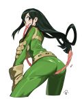  1girl absurdres ass asui_tsuyu blush_stickers bodysuit boku_no_hero_academia chen_zhang from_behind gloves green_bodysuit green_eyes green_hair highres long_hair long_tongue looking_back low-tied_long_hair simple_background solo tongue very_long_hair very_long_tongue white_background 