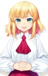  1girl :d ascot bangs blonde_hair collared_blouse green_eyes interlocked_fingers jenevan long_sleeves looking_at_viewer open_mouth original puffy_long_sleeves puffy_sleeves red_neckwear red_skirt short_hair skirt smile solo white_background wing_collar 