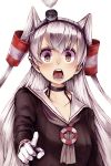  &gt;:o 1girl amatsukaze_(kantai_collection) brown_eyes collarbone commentary_request gloves hair_tubes kantai_collection kurou_(bcrow) lifebuoy long_hair long_sleeves neckerchief sailor_collar silver_hair simple_background solo two_side_up upper_body white_background white_gloves wide-eyed 