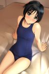  1girl black_eyes black_hair blue_swimsuit blush breasts closed_mouth eyebrows_visible_through_hair hair_bobbles hair_ornament highres looking_at_viewer matsunaga_kouyou one-piece_swimsuit one_side_up original school_swimsuit short_hair small_breasts smile solo swimsuit tareme thighs 