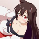  1girl animal_ears bare_shoulders breasts brooch brown_hair cato_(monocatienus) cleavage commentary_request imaizumi_kagerou jewelry long_hair looking_at_viewer looking_up off_shoulder open_mouth red_eyes solo touhou wolf_ears 