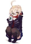  1girl ahoge artoria_pendragon_(all) bangs black-framed_eyewear black_coat black_footwear black_legwear black_panties blonde_hair blue_skirt blush boots braid breath coat coffee_mug covered_mouth cup duffel_coat eyelashes fate/grand_order fate_(series) french_braid full_body glasses hair_between_eyes hair_bun hair_ribbon hajime_(hajime-ill-1st) highres looking_at_viewer miniskirt mug mysterious_heroine_x_(alter) neckerchief panties plaid plaid_scarf pleated_skirt red_neckwear red_scarf ribbon scarf school_uniform semi-rimless_eyewear serafuku shadow short_hair simple_background single_braid skirt snowing solo squatting starbucks thigh-highs under-rim_eyewear underwear white_background yellow_eyes zettai_ryouiki 