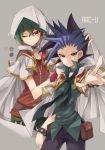  2boys black_pants blue_eyes choker green_hair green_pants looking_at_viewer male_focus multicolored_hair multiple_boys one_eye_closed outstretched_arm outstretched_hand pants red_eyes red_shirt redhead rento_(rukeai) sakaki_yuuya shirt short_sleeves smile spiky_hair title yu-gi-oh! yuu-gi-ou_arc-v yuuto_(yuu-gi-ou_arc-v) 