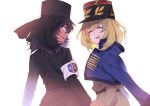  2girls andou_(girls_und_panzer) armband bangs bc_freedom_(emblem) bc_freedom_military_uniform black_hat black_jacket blonde_hair blue_eyes blue_jacket brown_eyes brown_jacket closed_eyes commentary dark_skin emblem eyebrows_visible_through_hair fading from_behind girls_und_panzer girls_und_panzer_ribbon_no_musha hat jacket jacket_on_shoulders long_sleeves looking_at_another medium_hair messy_hair multiple_girls open_mouth oshida_(girls_und_panzer) shako_cap shutou_mq simple_background sitting smile upper_body white_background 