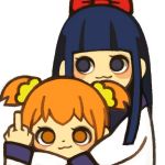  2girls :3 bangs blue_eyes blue_hair blunt_bangs blush closed_mouth eyelashes hug hug_from_behind long_hair long_sleeves looking_at_viewer middle_finger multiple_girls no_eyebrows no_nose no_pupils orange_eyes orange_hair pipimi poptepipic popuko scrunchie shirt short_hair short_twintails simple_background twintails upper_body white_background white_shirt yellow_scrunchie yukino_super 