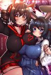  2girls animal_ears asymmetrical_docking black_choker black_hair black_shirt blade_&amp;_soul blue_eyes blue_shirt blush breast_press breasts choker closed_mouth commentary drill_hair english_commentary fang fang_out fox_ears hairband highres huge_breasts large_breasts long_sleeves looking_at_viewer multiple_girls necktie osiimi pleated_skirt rabbit_ears red_eyes red_neckwear red_sailor_collar red_skirt sailor_collar shirt signature skirt smile twin_drills zoom_layer 