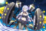  1girl absurdres alternate_costume alternate_eye_color alternate_hair_color azur_lane bangs black_gloves black_legwear black_skirt blue_fire breasts bustier cape cleavage collar crop_top dark_persona duke_of_york_(azur_lane) dutch_angle earrings elbow_gloves fengyue_jiang fire full_moon gloves glowing glowing_eye halter_top halterneck highres holding holding_sword holding_weapon jewelry large_breasts light_blue_hair long_hair looking_at_viewer machinery midriff miniskirt moon navel night night_sky pale_skin pantyhose parted_bangs partially_submerged pleated_skirt pointy_ears skirt sky smile solo spiked_collar spikes sword thighband_pantyhose underwear water weapon yellow_eyes 