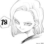  1girl 2018 android_18 character_name close-up commentary dated dragon_ball dragonball_z earrings english_commentary eyelashes face highres jewelry looking_at_viewer monochrome number short_hair simple_background smile solo_focus speech_bubble tkgsize twitter_username upper_body white_background 