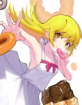  1girl bakemonogatari bare_shoulders blonde_hair blush bow breasts doughnut dress food food_in_mouth hakisou highres monogatari_(series) mouth_hold oshino_shinobu reaching sleeveless sleeveless_dress small_breasts solo upper_body white_dress yellow_eyes 