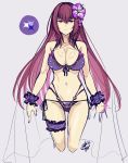  1girl absurdres bare_shoulders bikini bracelet breasts commentary_request fate/grand_order fate_(series) flower frills front-tie_top hair_flower hair_ornament halterneck highres jewelry large_breasts leg_garter nail_polish navel okitakung purple_bikini purple_hair red_eyes scathach_(fate/grand_order) scathach_(swimsuit_assassin)_(fate) side-tie_bikini swimsuit thigh_strap 