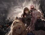  4girls ak-12_(girls_frontline) an-94_(girls_frontline) arm_guards armband assault_rifle bangs blonde_hair blue_eyes blurry blurry_background blurry_foreground braid breasts brown_eyes brown_hair cloak closed_eyes closed_mouth clothes_around_waist clouds cloudy_sky coat detached_sleeves digi-mind_update_(girls_frontline) eyebrows_visible_through_hair french_braid girls_frontline gloves gun hair_between_eyes hair_ornament hairband headphones holding holding_weapon jacket jacket_around_waist long_hair long_sleeves looking_at_viewer looking_away m4a1_(girls_frontline) medium_breasts multicolored_hair multiple_girls pink_hair ponytail ribbed_sweater ribbon rifle scarf sidelocks silence_girl silver_hair sky smile st_ar-15_(girls_frontline) streaked_hair sweater sweater_vest tactical_clothes thigh-highs very_long_hair weapon 