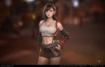  1girl 3d absurdres artist_name bangs bare_shoulders belt blair_armitage blurry blurry_background breasts brown_eyes brown_hair chocobo cleavage closed_mouth collarbone commentary_request dirty earrings elbow_gloves elbow_pads final_fantasy final_fantasy_vii fingerless_gloves gloves hand_on_hip highres jewelry large_breasts lips long_hair looking_at_viewer midriff miniskirt navel simple_background skirt solo suspender_skirt suspenders tifa_lockhart torn_clothes 