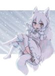  1girl animal_ears arctic_fox_(kemono_friends) belt bow bowtie breasts brown_belt brown_bow brown_neckwear brown_skirt elbow_gloves eyebrows eyebrows_visible_through_hair eyelashes fangs fox_ears fox_girl fox_tail fur_collar gloves hands_up kemono_friends kolshica long_hair looking_at_viewer medium_breasts miniskirt open_mouth pleated_skirt skirt snow solo tail thigh-highs tongue very_long_hair white white_gloves white_hair white_legwear yellow_eyes zettai_ryouiki 