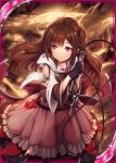  1girl akkijin bare_shoulders black_gloves brown_hair card_(medium) dress gloves holding holding_weapon lightning official_art red_eyes shinkai_no_valkyrie shy solo weapon whip 