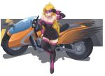  1girl blonde_hair blush breasts bumblebee_(rwby) cleavage cosplay dress elbow_gloves fate/stay_night fate_(series) gloves ground_vehicle long_hair looking_at_viewer motor_vehicle motorcycle rider rider_(cosplay) rwby smile solo strapless strapless_dress thigh-highs tongue tongue_out violet_eyes yang_xiao_long 