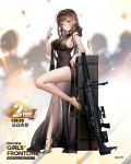  1girl armlet bangs bare_legs black_dress black_hair blunt_bangs breasts champagne_flute cleavage covered_navel cup dress drinking_glass dsr-50_(girls_frontline) earrings eyebrows_visible_through_hair full_body girls_frontline gun high_heels jewelry large_breasts liduke long_hair looking_at_viewer necklace official_art parted_lips red_eyes rifle ring see-through sidelocks sniper_rifle solo standing standing_on_one_leg strap_gap weapon weapon_case 