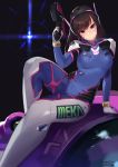  1girl animal_print black_background bodysuit breasts brown_eyes brown_hair bunny_print closed_mouth d.va_(overwatch) gun highres kagematsuri long_hair looking_at_viewer medium_breasts meka_(overwatch) overwatch revision ribbed_bodysuit signature sitting smile solo weapon whisker_markings 