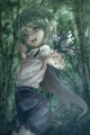  1girl :d antennae arm_up bug butterfly butterfly_on_hand cape curled_fingers flat_chest forest green_eyes green_hair green_nails head_tilt highres insect light_particles long_sleeves looking_at_viewer nail_polish nature open_mouth outdoors outstretched_hand shirt short_hair shorts shounen_(hogehoge) smile solo touhou white_shirt wriggle_nightbug 