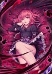  1girl akkijin bed breasts card_(medium) darkness dress flower looking_at_viewer official_art on_bed orb pink_eyes pink_flower pink_hair pink_rose purple_dress rose shinkai_no_valkyrie skirt skirt_lift small_breasts solo tongue tongue_out 