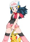  1girl :p absurdres beanie blue_eyes blue_hair blush covering covering_crotch hainchu hat highres hikari_(pokemon) looking_at_viewer looking_up pikachu pokemon pokemon_(anime) red_scarf scarf simple_background skirt tongue tongue_out white_background 