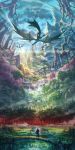  1boy absurdres adol_christin blue_sky clouds day dragon forest from_behind highres nature official_art outdoors rainbow scenery sky solo standing sunlight water waterfall ys ys_viii_lacrimosa_of_dana 