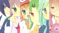  2girls 4boys amitie_(puyopuyo) aqua_eyes aqua_hair black_hair blue_eyes blue_shirt blush bow brown_hair clock clock_hands dress ekoro_(puyopuyo) feli_(puyopuyo) green_hair grey_eyes heart heart-shaped_pupils long_sleeves looking_at_viewer multiple_boys multiple_girls open_mouth orange_bow pink_dress purple_hair puyopuyo red_eyes rento_(rukeai) satan_(puyopuyo) shirt sig_(puyopuyo) smile strange_klug symbol-shaped_pupils 