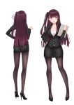  1girl absurdres alternate_costume anger_vein ass bangs black_footwear blunt_bangs blush breasts cleavage coffeedog collarbone eyebrows_visible_through_hair formal from_behind full_body girls_frontline hair_ribbon hand_on_hip high_heels highres holding jacket large_breasts long_hair long_sleeves looking_at_viewer multiple_views office_lady one_side_up open_mouth pantyhose pencil_skirt pointing purple_hair purple_legwear red_eyes ribbon shirt sidelocks simple_background skirt skirt_suit solo standing striped striped_jacket striped_skirt suit tsundere tsurime very_long_hair wa2000_(girls_frontline) white_background white_shirt 