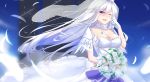  1girl azur_lane blush bouquet breasts bridal_veil choker cleavage collarbone dress enterprise_(azur_lane) eternity_(pixiv8012826) feathers flower large_breasts long_hair looking_at_viewer one_eye_closed open_mouth silver_hair smile solo strapless strapless_dress tears veil violet_eyes wedding_dress white_dress 