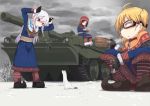  3girls black_eyes black_hair blonde_hair clouds cup day feral ground_vehicle long_hair military military_vehicle motor_vehicle multiple_girls original red_eyes short_hair sky smoke snow stridsvagn_103 tank traditional_clothes tree white_hair yellow_eyes zafuri_(yzrnegy) 