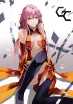  1girl absurdres bare_shoulders black_legwear breasts center_opening cleavage detached_sleeves elbow_gloves fingerless_gloves gloves guilty_crown hair_ornament hairclip highres insoom long_hair looking_at_viewer navel pink_hair red_eyes solo thigh-highs twintails yuzuriha_inori 