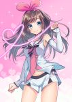  1girl a.i._channel blue_eyes brown_hair commentary_request detached_sleeves heart kizuna_ai long_hair ribbon shirt short_shorts shorts smile solo white_shirt white_shorts 