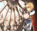  1girl artoria_pendragon_(all) artoria_pendragon_(lancer) bangs black_dress blonde_hair braid breasts building cape cityscape cleavage closed_mouth clouds cloudy_sky commentary_request day dress eyebrows_visible_through_hair fate/grand_order fate_(series) fur-trimmed_cape fur_trim gauntlets green_eyes hair_between_eyes hand_up indoors large_breasts long_hair looking_away red_cape sidelocks sky solo standing throtem window 
