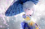  1girl blue_eyes blue_hair cherry_blossoms eyebrows_visible_through_hair floral_print flower folded_hair hair_flower hair_ornament highres holding holding_umbrella japanese_clothes kimono obi original parasol sash smile solo teataster umbrella under_umbrella 