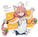  1girl ahoge animal_ears arms_up bike_shorts blue_eyes blush_stickers cat_ears choker commentary_request hair_bobbles hair_ornament hinata_channel long_hair low_twintails nekomiya_hinata noricopo_(nori0w0) outstretched_arms shorts smile solo twintails upper_body vest virtual_youtuber white_vest 