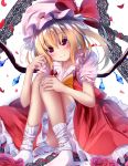  1girl blonde_hair dress flandre_scarlet highres looking_at_viewer red_dress red_eyes short_hair sitting_on_floor smile suisen-21 touhou white_legwear wings 