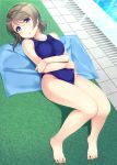  1girl barefoot blue_eyes blue_swimsuit blue_towel competition_swimsuit covered_navel crossed_arms full_body grey_hair highres hino_minato_(spec.c) looking_at_viewer love_live! love_live!_sunshine!! lying one-piece_swimsuit pool poolside short_hair solo swimsuit towel watanabe_you 