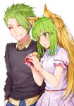  1boy 1girl ^_^ achilles_(fate) ahoge animal_ears atalanta_(fate) bangs black_cola black_shirt blonde_hair blue_pants blush brown_shirt cat_ears closed_eyes commentary_request dress eyebrows_visible_through_hair facing_viewer fate/apocrypha fate_(series) fingernails food green_eyes green_hair grin hair_between_eyes hamburger heart heart-shaped_pupils highres holding holding_food long_hair looking_away multicolored_hair open_mouth pants pleated_dress puffy_short_sleeves puffy_sleeves shirt short_sleeves simple_background smile symbol-shaped_pupils two-tone_hair upper_teeth very_long_hair white_background white_dress white_shirt 