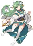  1girl :d absurdres akae_neo fan fate/grand_order fate_(series) floating_hair full_body green_eyes green_hair highres holding holding_fan horns kiyohime_(fate/grand_order) long_hair obi open_mouth sash simple_background smile solo thigh-highs very_long_hair white_background white_legwear 