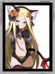  1girl abigail_williams_(fate/grand_order) animal_ears black_gloves black_legwear black_leotard blonde_hair blue_eyes bow cat_ears cat_tail center_opening commentary_request cosplay elbow_gloves fake_animal_ears fate/grand_order fate/kaleid_liner_prisma_illya fate_(series) gloves hair_bow hands_on_own_chest highres illyasviel_von_einzbern illyasviel_von_einzbern_(cosplay) leotard long_hair paw_gloves paws ribbon shimejinameko solo tail thigh-highs upper_body very_long_hair 