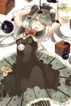  1girl arms_up black_dress chocolate chocolate_syrup cowboy_shot cube dress gloves green_eyes green_hair hair_between_eyes hatsune_miku long_hair looking_at_viewer open_mouth pantyhose pig_ggul solo striped striped_legwear vertical-striped_legwear vertical_stripes vocaloid white_background 